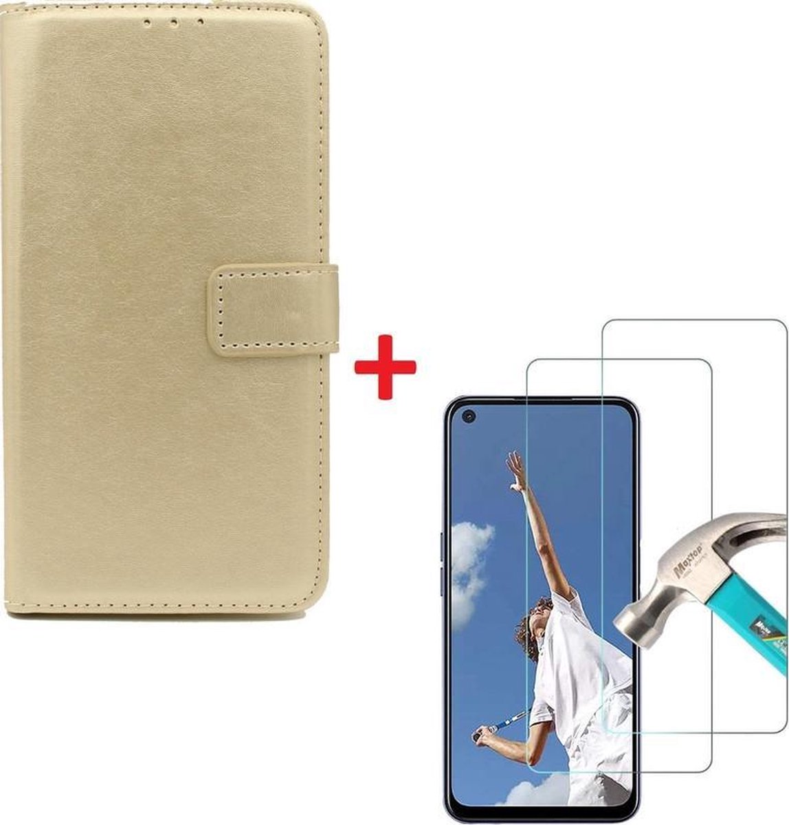 Oppo A52 hoesje book case goud met tempered glas screen Protector