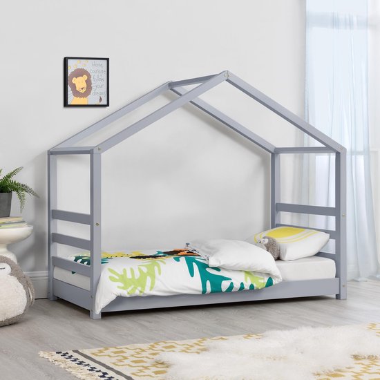 Kinderbed houten bed huisbed met bedbodem 70x140 cm grijs