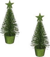2x stuks kerstversiering groene glitter kerstbomen/kerstboompjes 15 cm - Kerstversiering/kerstdecoratie glitter kunst kerstboompjes