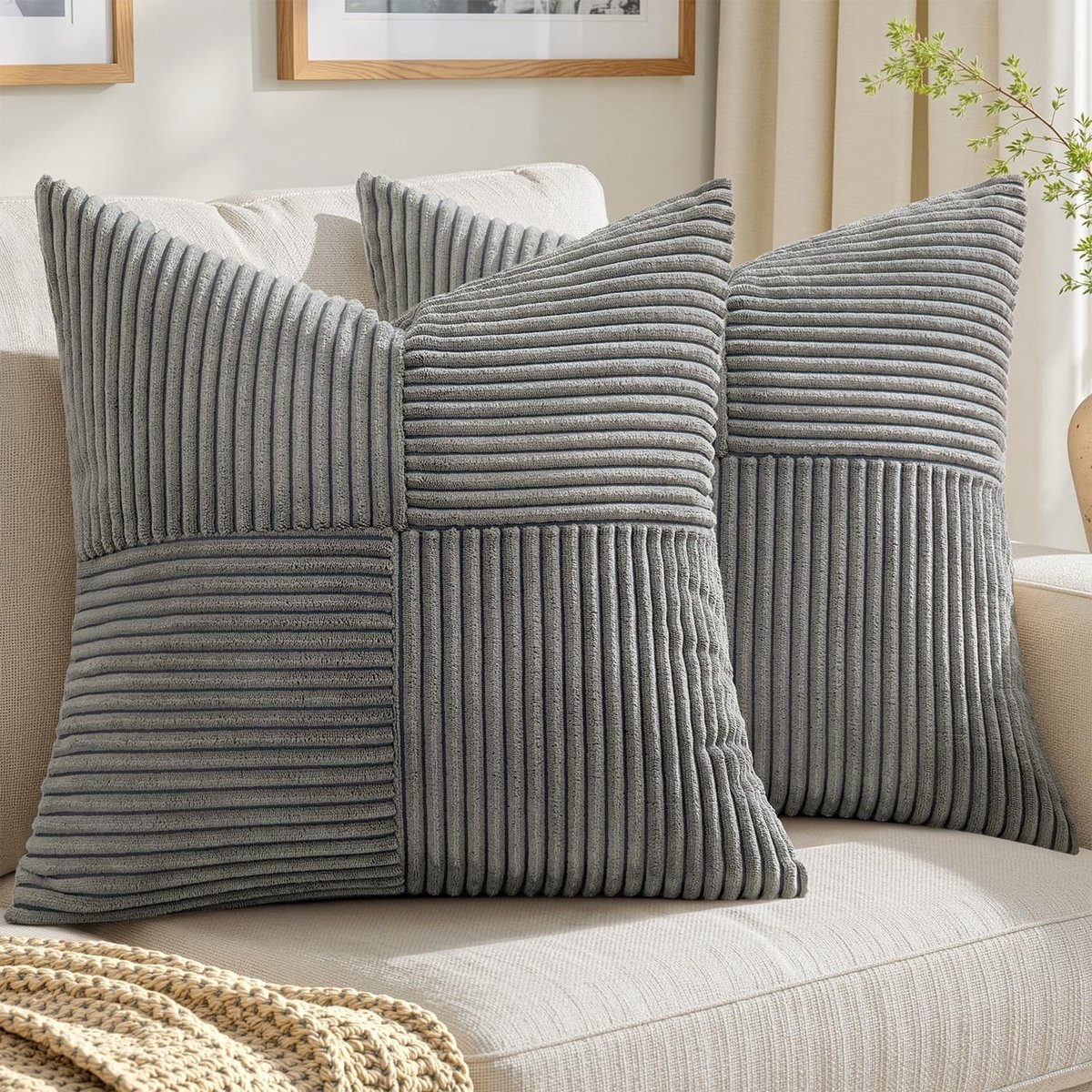 SnelShoppen - Set van 2 Donkergrijze Kussenslopen 40 x 40 cm Corduroy Look met Ritssluiting, Boho Decoratief Sierkussen, Patchwork Kussen voor Woonkam
