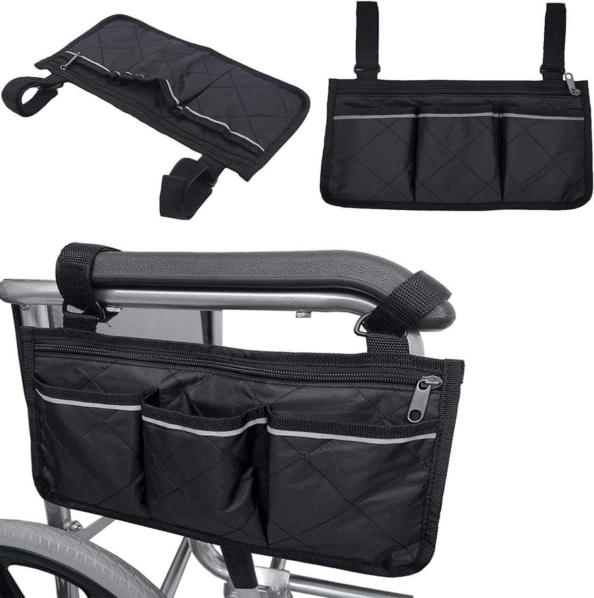Rolstoeltas - Opbergtas Armleuning - Mobiele Opslag - Reflecterende Compartimenten - 31 x 18 cm - Zwart