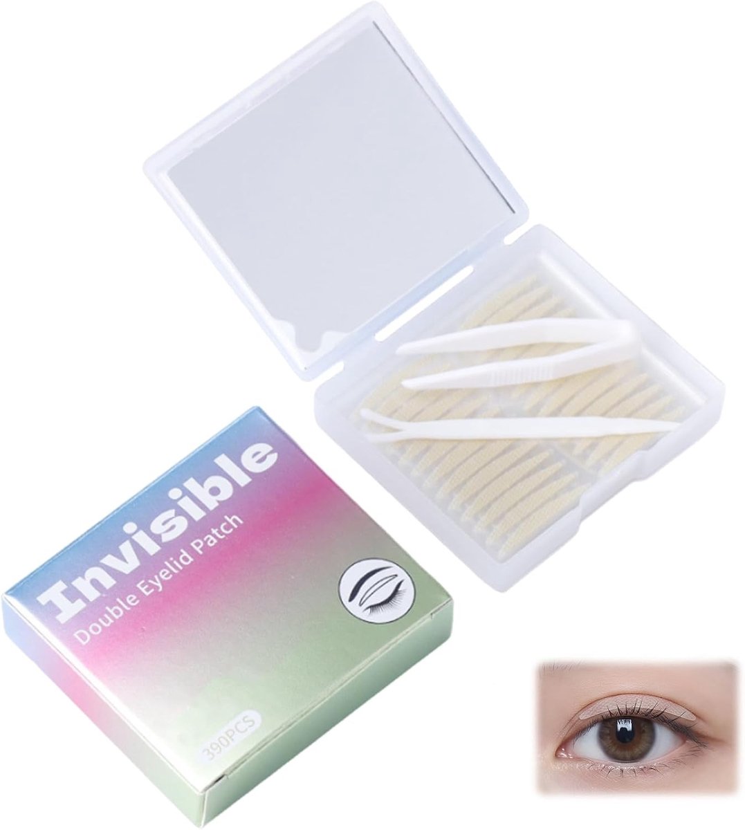 Onzichtbare oogtape voor verborgen en gezwollen ogen, 390 strips, dubbelzijdige plakstrips met lifting-effect en handige spiegeldoos voor een frisse uitstraling