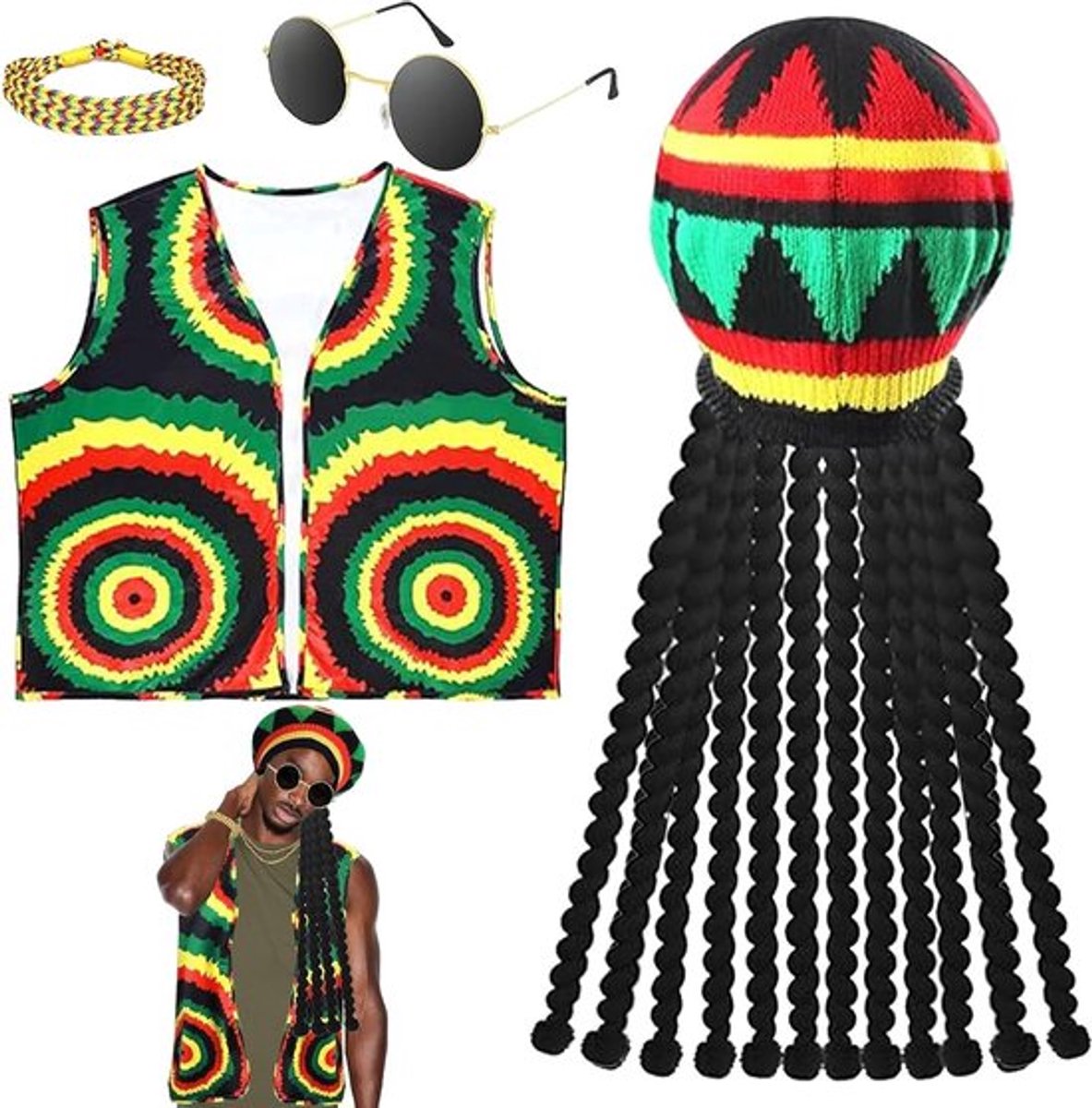 4-delig Halloween Jamaica Kostuum Set met Jamaica Vest, Dreadlocks Hoed, Hippie Bril en Reggae Accessoires voor Feesten, Carnaval en Cosplay