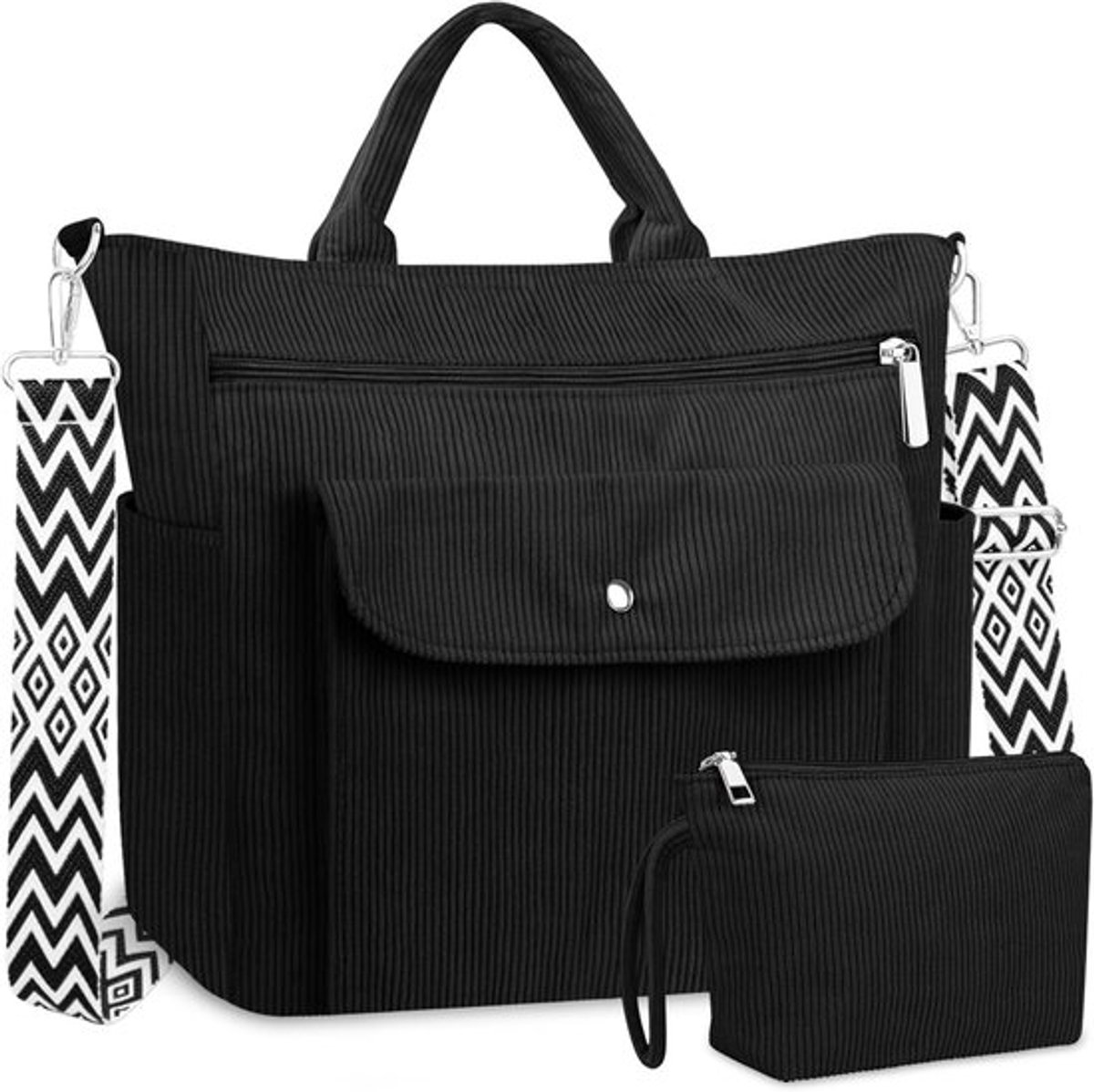 Grote Corduroy Shopper Tas, Strandtas met Rits, Handtas voor Werk, School en Reizen met Schouderband