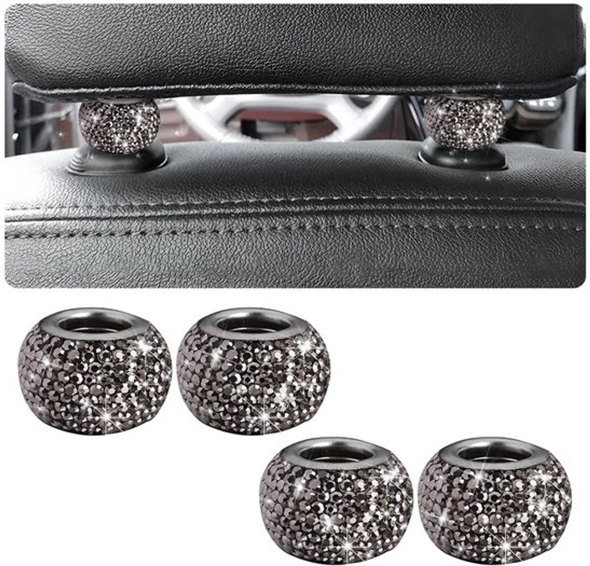 Hoofdsteun Ringen - Universeel - Crystal - Interieurdecoratie - Accessoires - Koper/Strass-steentjes - 4 Stuks - Autodecoratie