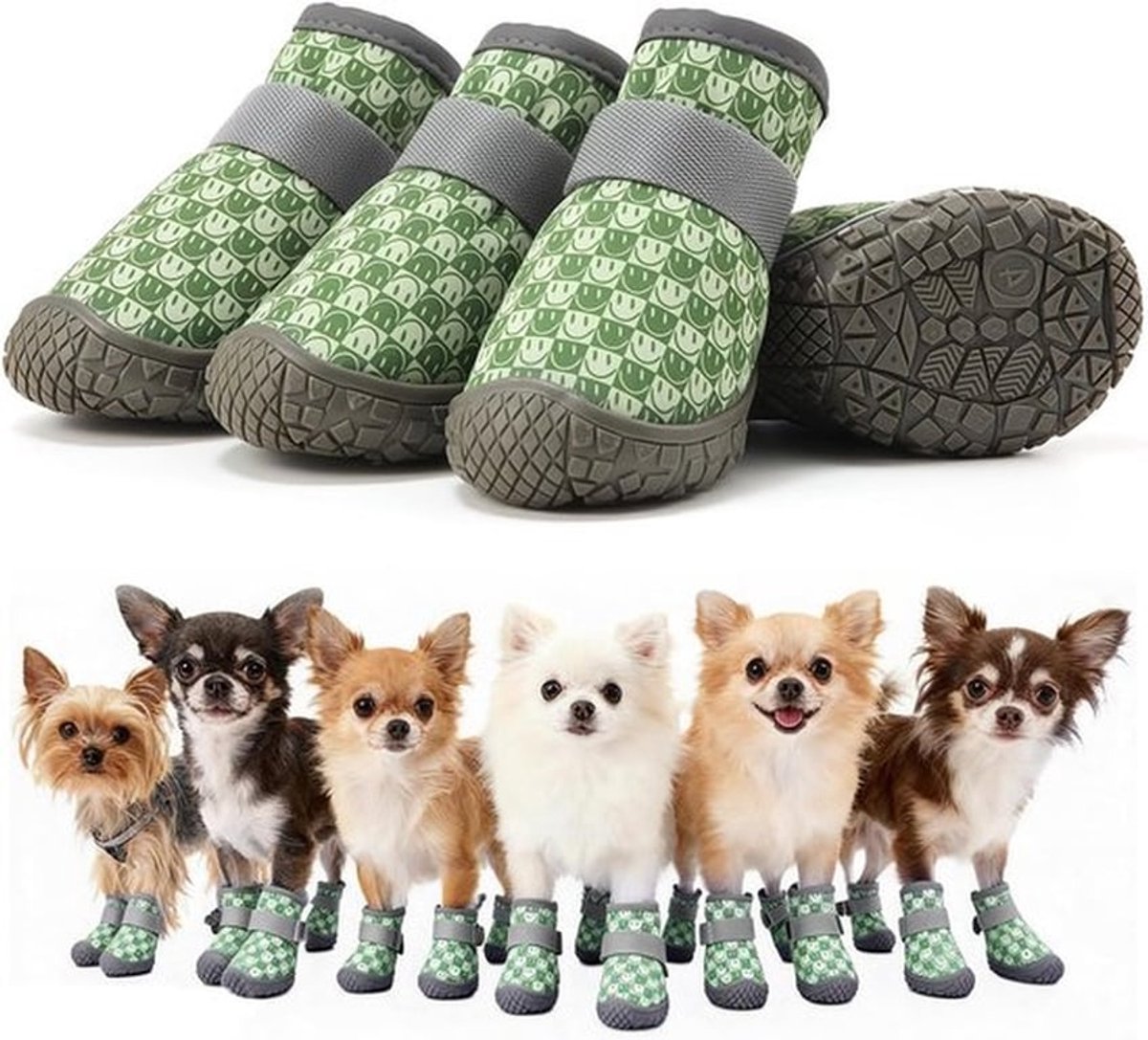 Set van 4 Groene Waterdichte Lichtgewicht Hondenschoenen, Antislip Hondenschoenen voor Gewonde Pootjes, Flexibele Pootbeschermers voor Kleine Honden tot 9kg (Pootlengte ≤4.8cm)