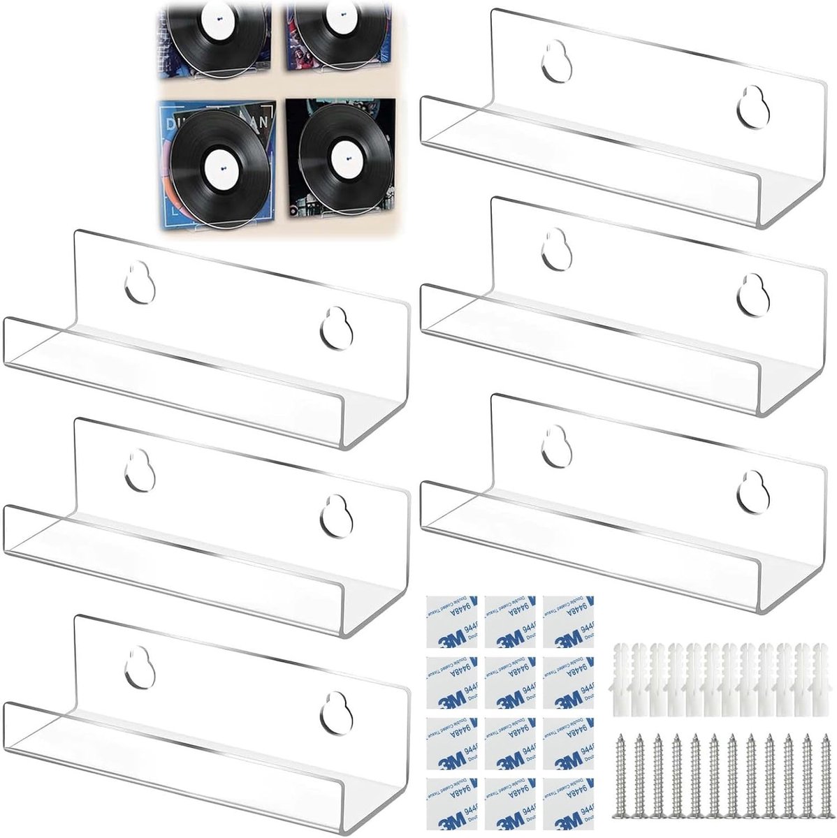 Zichtbare Wandplankenset van 6 Stuks voor Vinylplaten, CD's en Nagellak - Duidelijke Acryl Floating Shelves voor Woonkamer, Slaapkamer en Kantoor