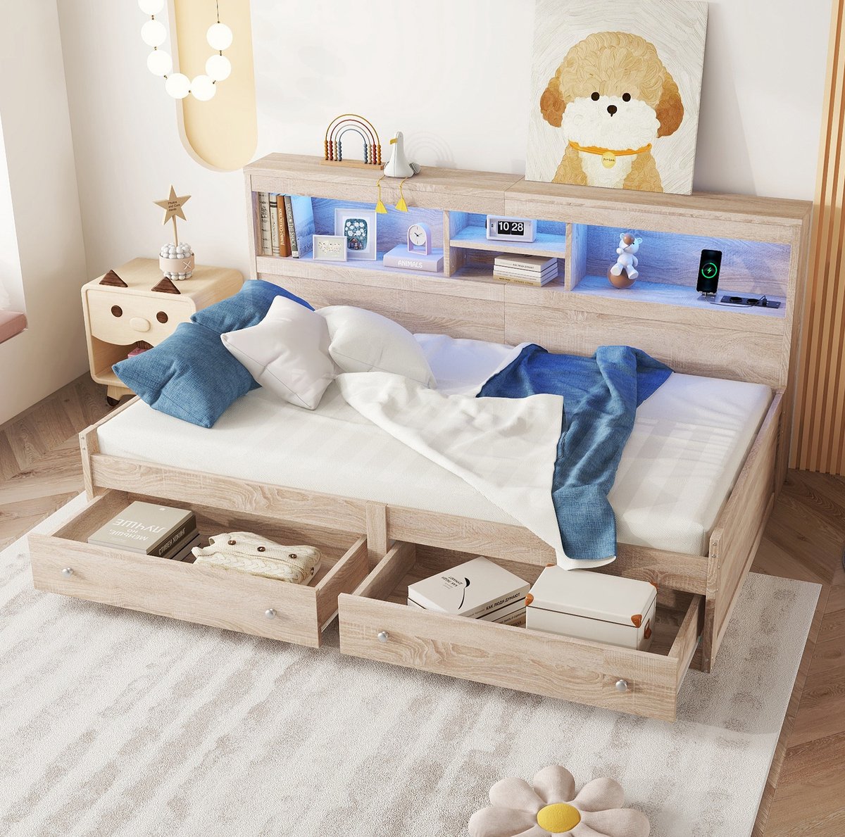 COVREO Dagbed met lades en USB – 90x200 cm – Bed van spaanplaat en MDF – met LED-licht en opbergruimte – Natur - zonder matras