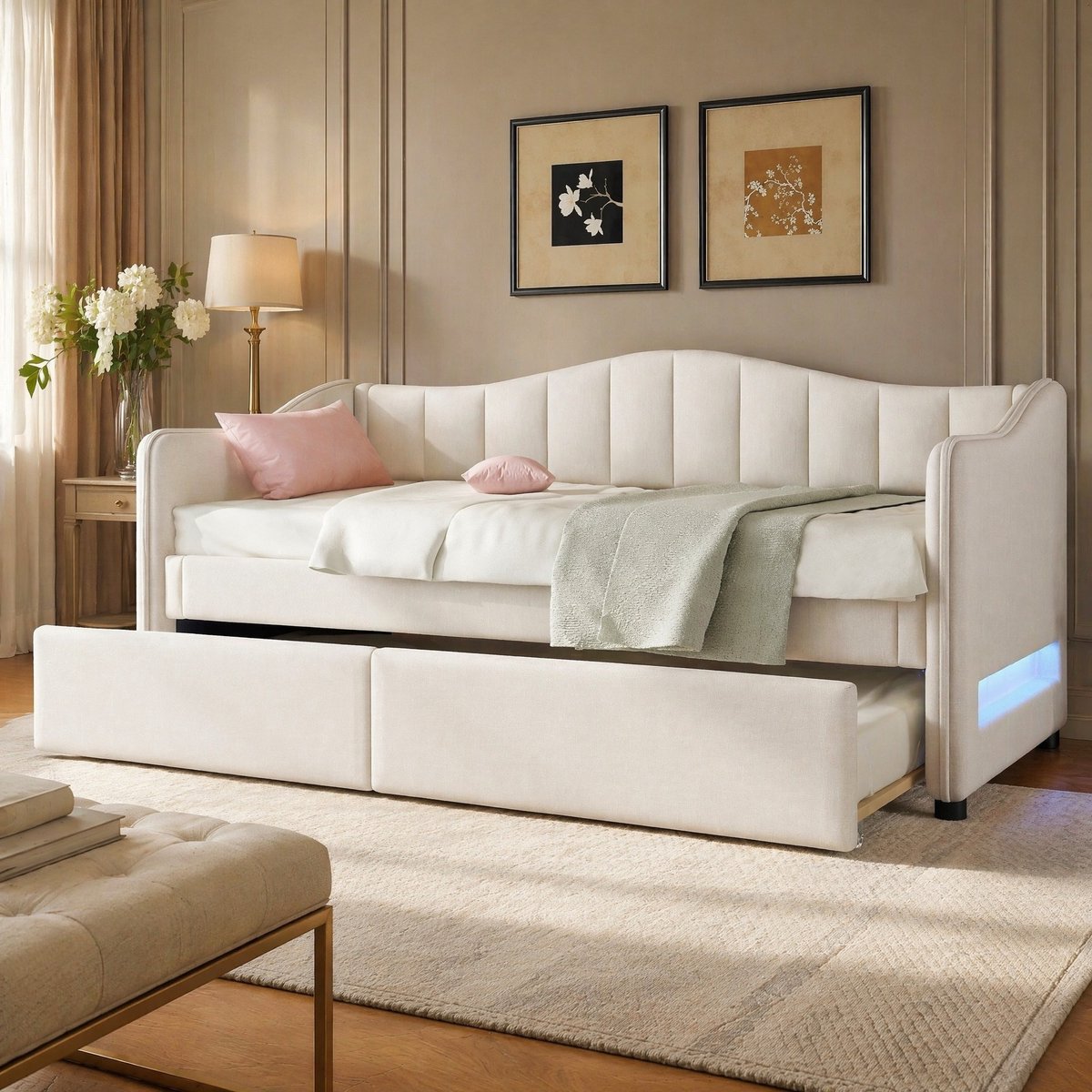 COVREO Bed 90x200 cm – beige stof, uitschuifbaar, zonder matras