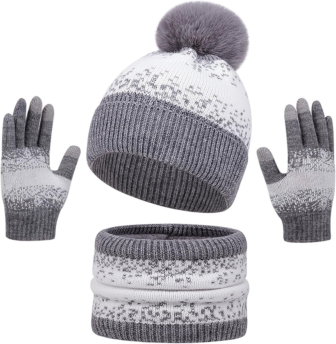 Winterset voor Dames en Heren - Warme Gebreide Sneeuwvlok Muts, Lange Sjaal en Touchscreen Handschoenen - Perfect voor Koppels en Koude Dagen