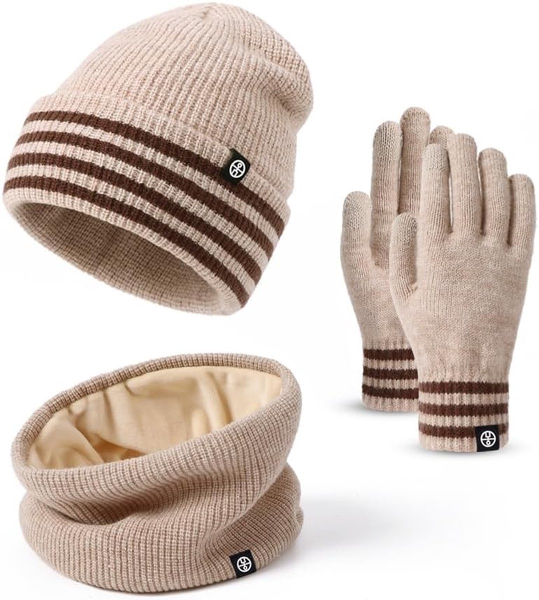 3-in-1 Winterset: Gebreide Beanie, Fleece Sjaal en Touchscreen Handschoenen voor Koude Dagen, Warm en Winddicht