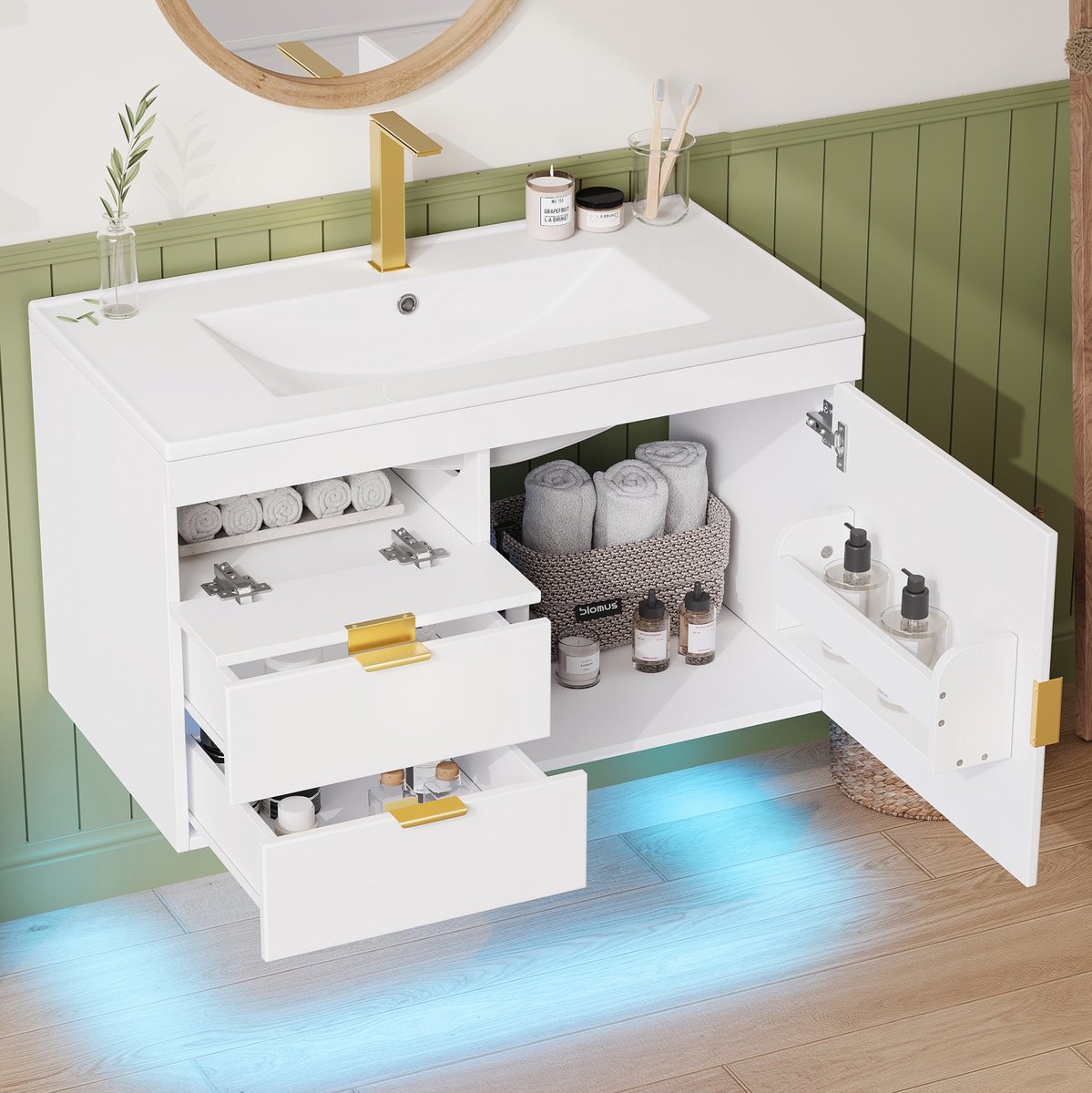 REDOM- Badkamerkast met wastafel - Wandmontage - LED-verlichting met appbediening - Soft-c