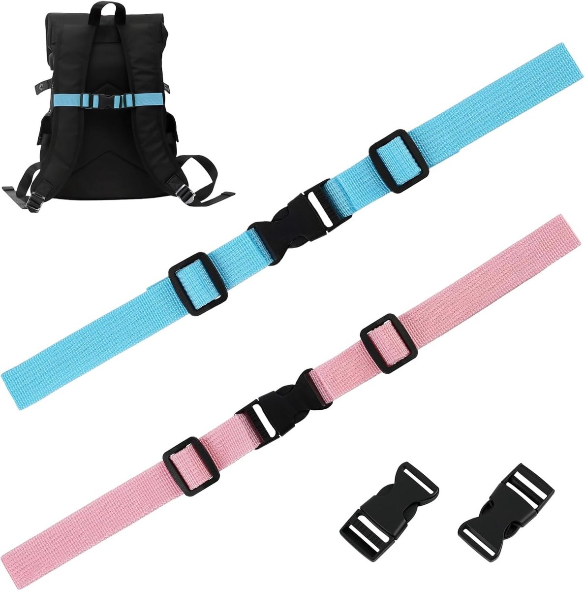 Verstelbare plastic borstbanden voor kinderen, antislip rugzakbanden met snelle sluiting, ideaal voor school en sportactiviteiten, set van 2 in blauw en roze