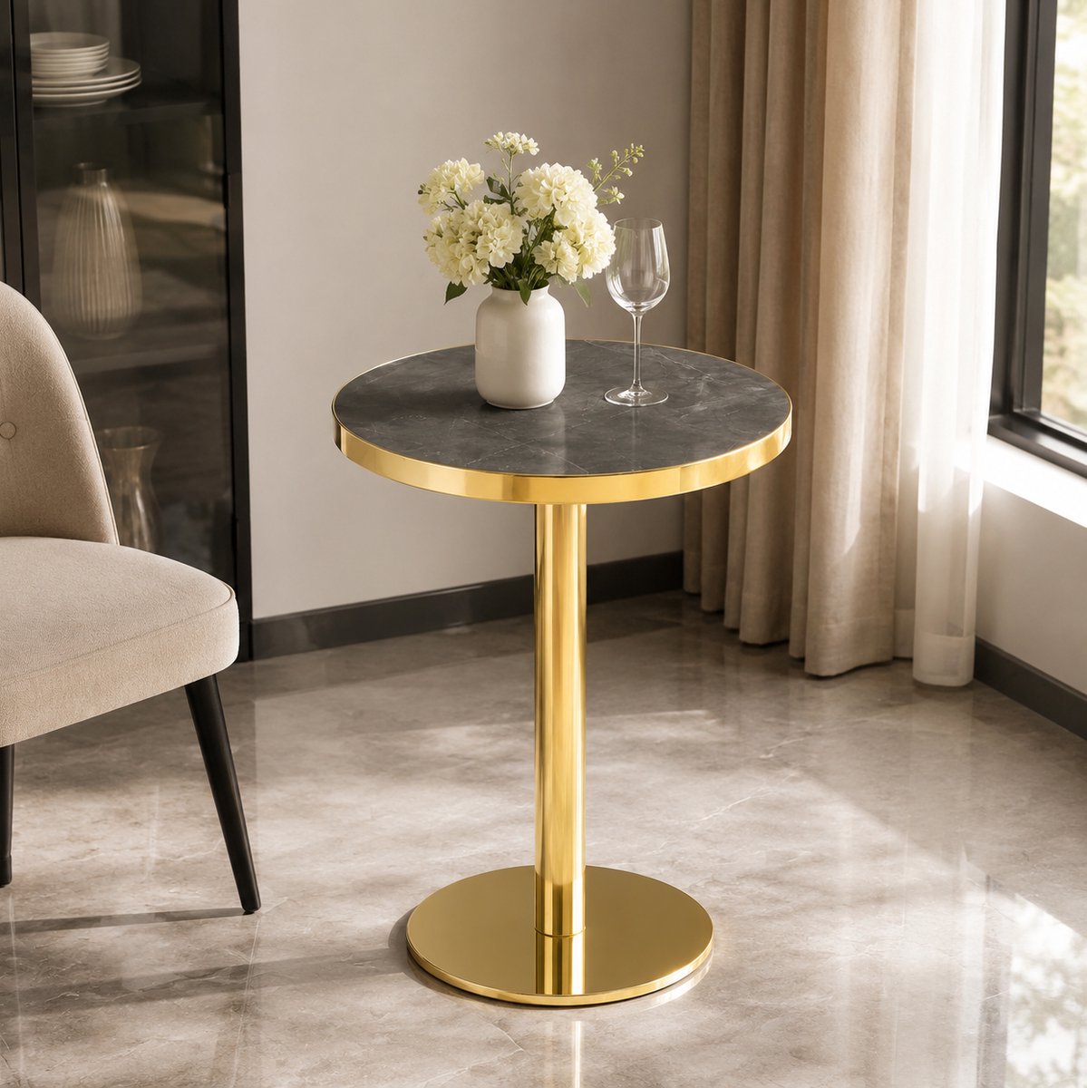 REDOM - Bijzettafel - Ronde vorm - Vast model - UV-gecoat tafelblad met marmerlook - Modern - Woonkamer en slaapkamer - MDF en RVS - Grijs en Goud - 60 x 60 x 74 cm