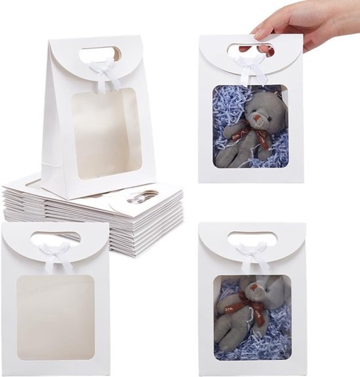 12 Stuks Kraft Papieren Tassen met Venster, 14 x 7 x 19.5 cm Staande Cadeautassen met Handvatten voor Snoep, Koekjes en Feestverpakkingen voor Bruiloften en Kerstmis