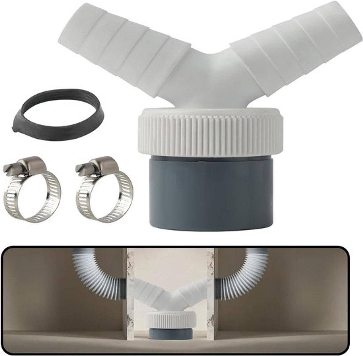 Dubbele afvoeradapter voor vaatwasser en wasmachine - 2 aansluitingen Ø 40 mm - Inclusief 2 slangklemmen - Duurzaam en robuust