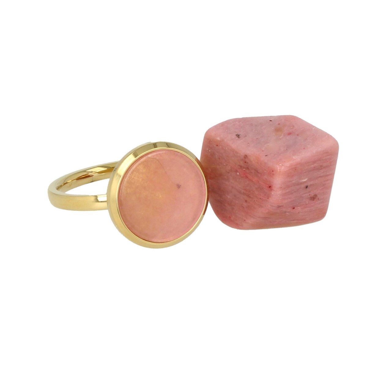 My Bendel - Rhodonite Goudkleurige Ring met Echte Edelsteen - met Luxe Cadeauverpakking | Sieraden Voor Dames | Maat 17.00 Mm / Maat 53