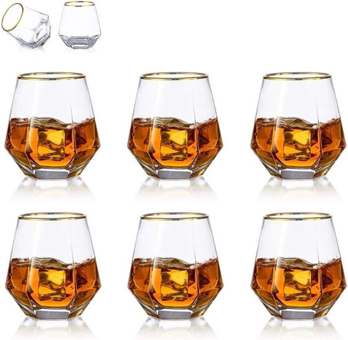 Set van 6 Diamantvormige Whiskey Glazen - 300ml Tumbler voor Water, Sap en Scotch - Modern Design voor Bourbon en Rum