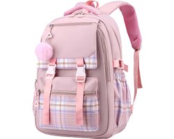 Grote Rugzak - Grote Geruite Schoolrugzak (Voor 9-18 jaar) - Schooltas Kind Meisjes - Verstelbare Schouderbanden - Schattig - Lichtgewicht Schooltas - Voor Meisjes, Kinderen en Vrouwen - Roze