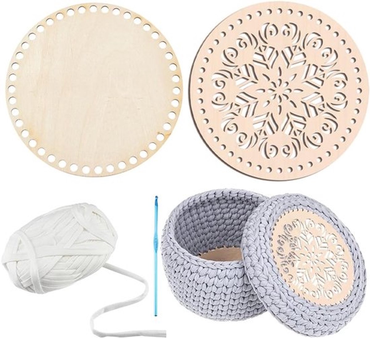 Kant-en-klare Haakmand Bodemset, 2 Stuks 7.8 Inch Ronde Houten Basis met 4mm Haaknaald en 40 Yards Wit Stofgaren voor Creatieve DIY Projecten