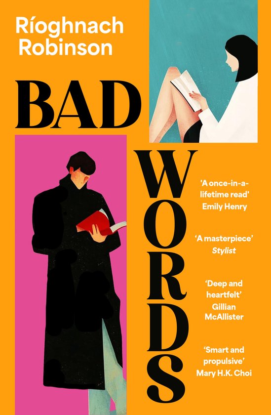 Boekcover met de titel 'BAD WORDS' van Ríoghnach Robinson. Een illustratie van een man met een jas en een vrouw die een boek leest.