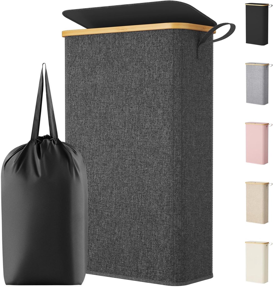 SnelShoppen - Lifewit Wasmand smal 70 liter met deksel, opvouwbare wasmand van bamboe met waszak en draaggreep voor appartement, slaapzaal en caravan,