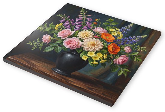 Canvas Schilderij Veldboeket in Zwarte Vaas Rozen & Klaprozen Stilleven Bloemencollage Wanddecoratie Woonkamer 60x60 cm