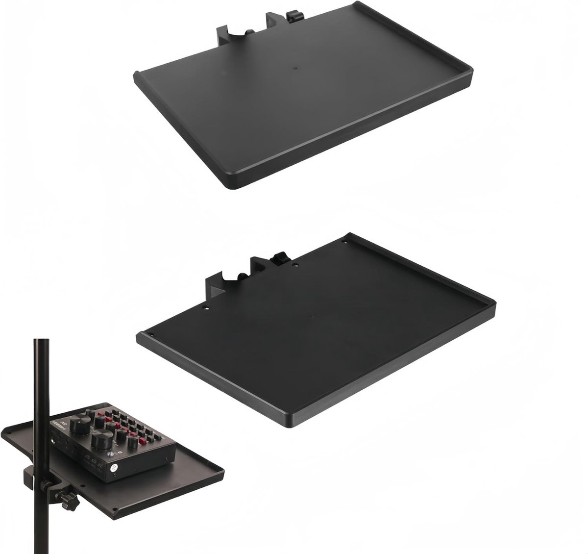 Multifunctionele Clamp Mount Tray voor Microfoon en Tablet, Ideaal voor Audio en Directe Overdracht, Stevige Plastic Stand (Zwart)