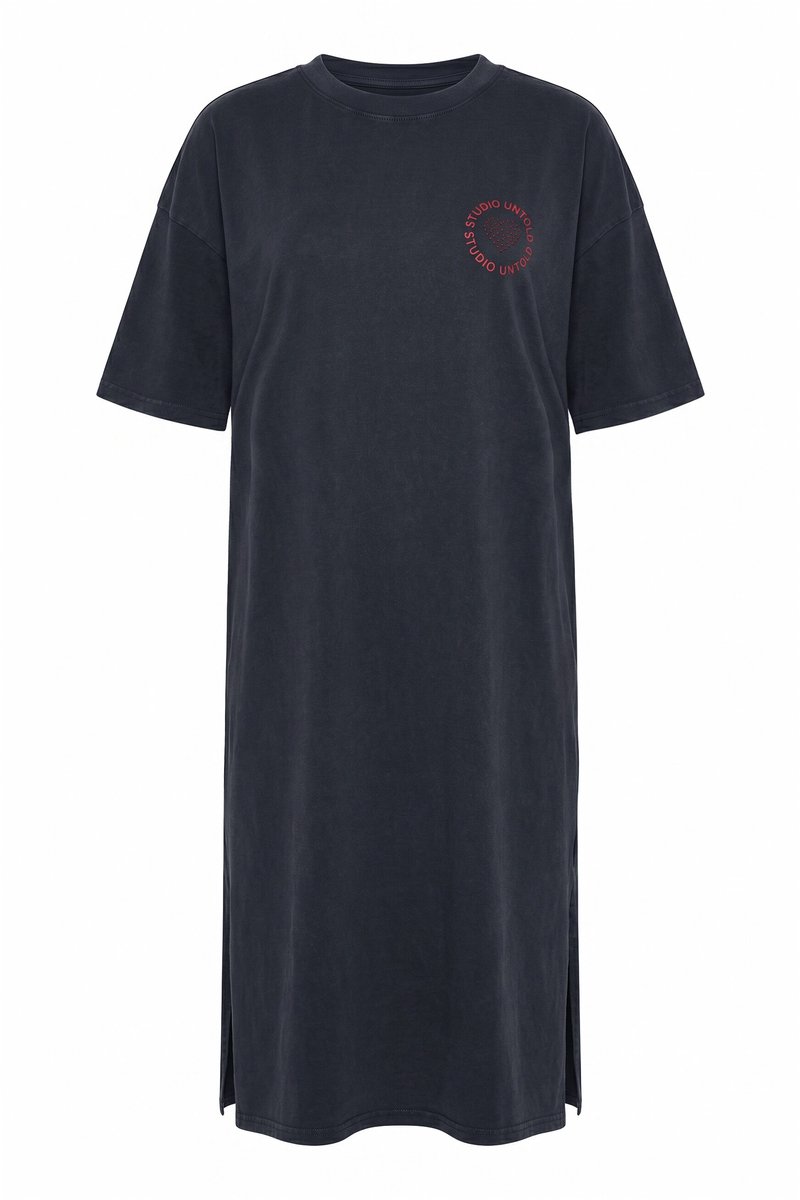 Studio Untold - Dames - Jersey midi-jurk A-lijn applicatie korte mouwen - Antraciet melange - Maat 42+