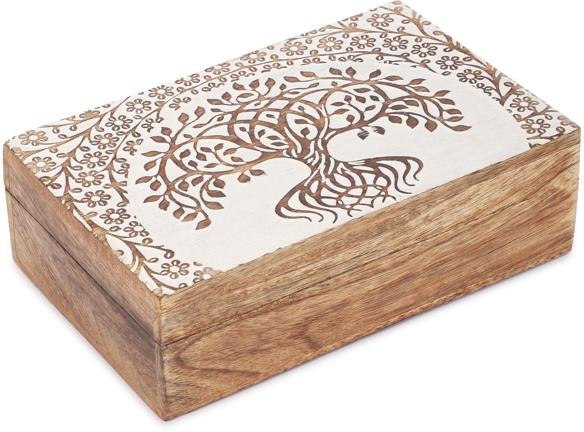 SnelShoppen - Houten Handgemaakte Decoratieve Sieradendoos Boom van het Leven Ontwerp Witte Multifunctionele Schatkist 8x5 Inch Organizer Reisopslag A