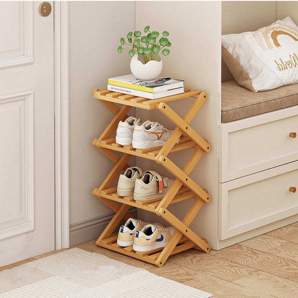 SnelShoppen - Opvouwbaar Schoenrek Bamboe 4 Lagen Vrij Staand Schoenen Organiser voor Ingang, Kast, Slaapkamer, Hal, Natuurlijk Houtkleur Multifunctio