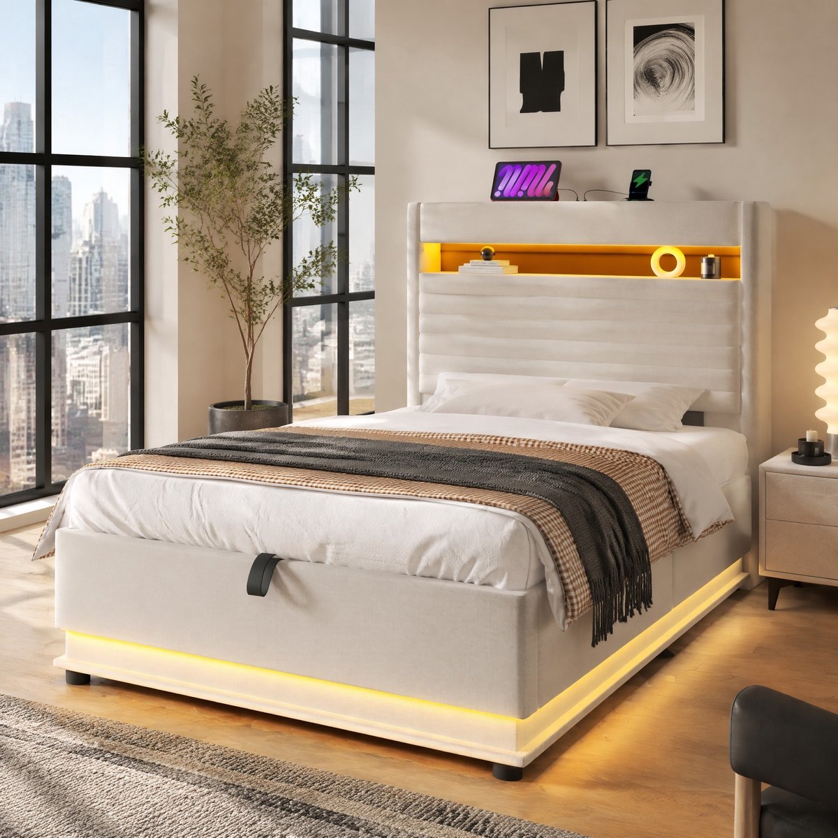 DESMIU Gestoffeerd Bed 90x200 cm – LED en USB Type C – Hydraulische Opbergruimte – Eenpersoons Slaapkamer – Stof – Beige – Zonder Matras