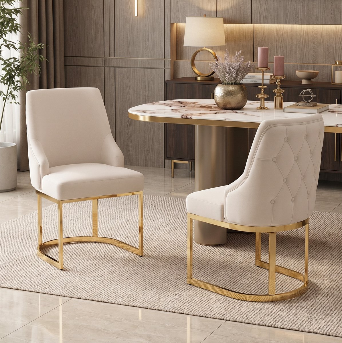HAUSS SPOLE Eetkamerstoel - Fluweel Ontwerp - Set van 2 - Met Armleuningen en Gouden Metalen Onderstel - Voor Eetkamer en Woonkamer - Beige Goud
