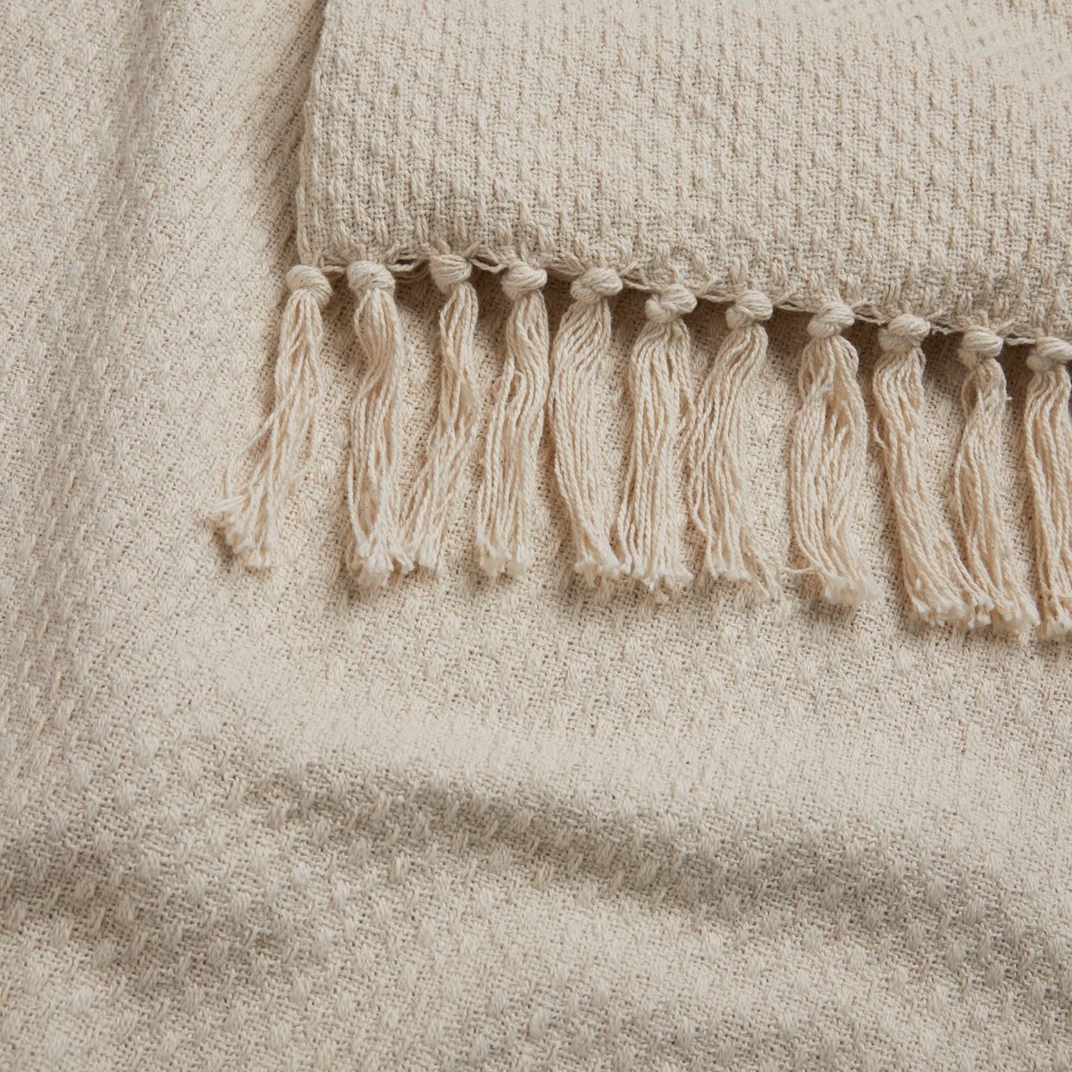 SnelShoppen - Drift Home Crème Plaid met Pompon (180x130 cm) - Duurzame Geweven Manddeken van Gerecycled Katoen voor Bank en Groot Bed, Getextureerd v