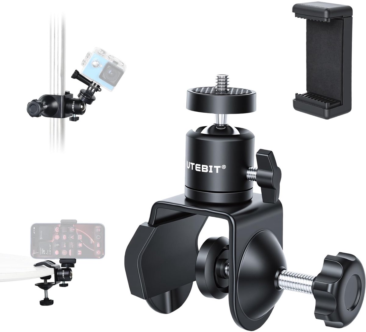 SnelShoppen - C-klem 40 mm met telefoonhouder en 360° kogelgewricht, U-klem van versterkt aluminium met 1/4 inch schroefdraad voor camera, webcam, fli