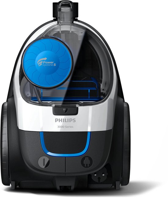 Aspirateur Philips 3000 Series noir et blanc avec technologie PowerCyclone 5 bleue.