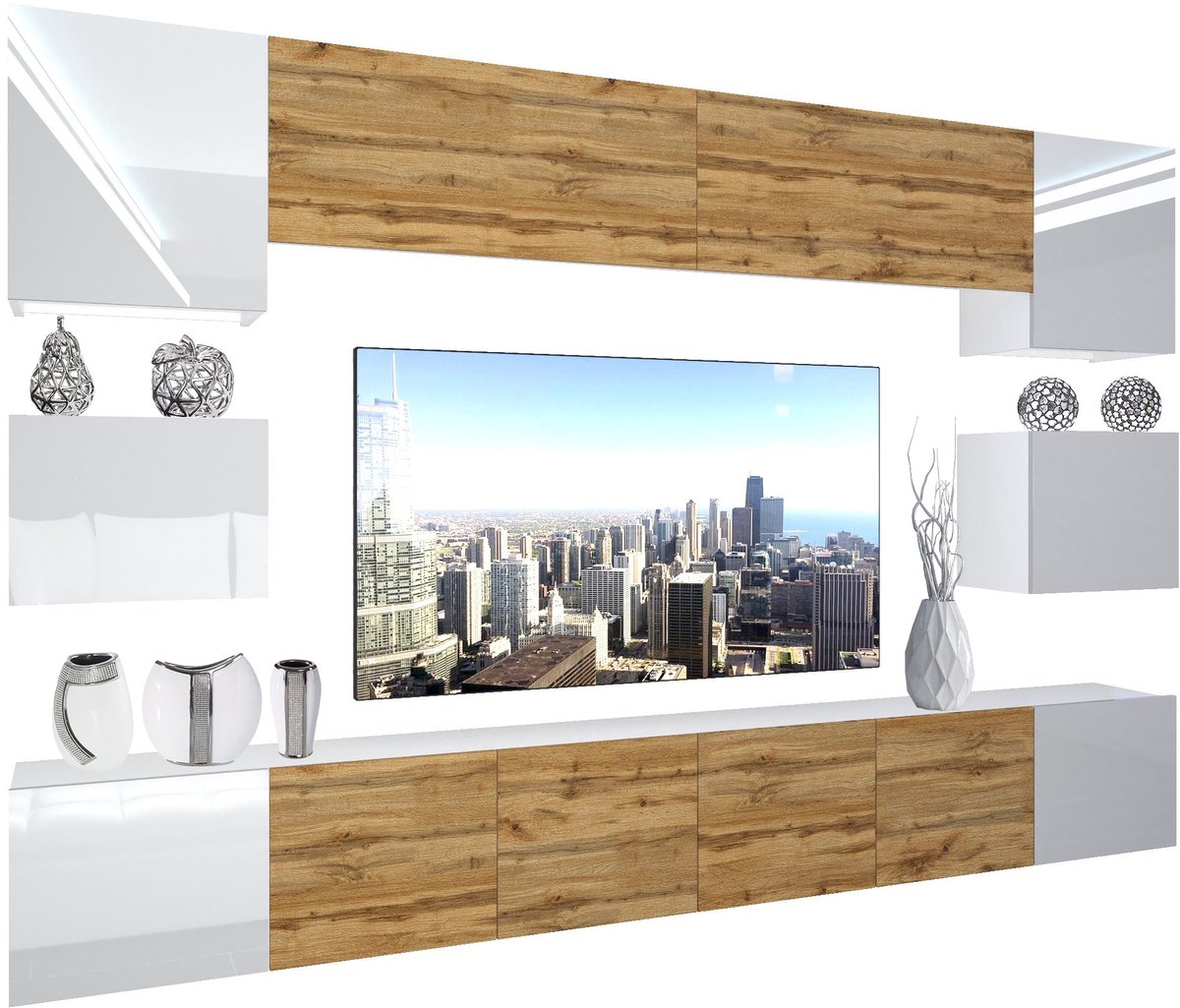 BELINI Wandmeubel NEX 3 - TV-Wandkast Set met LED-Verlichting Wit / Wotan Eiken - Hoogglans Fronten