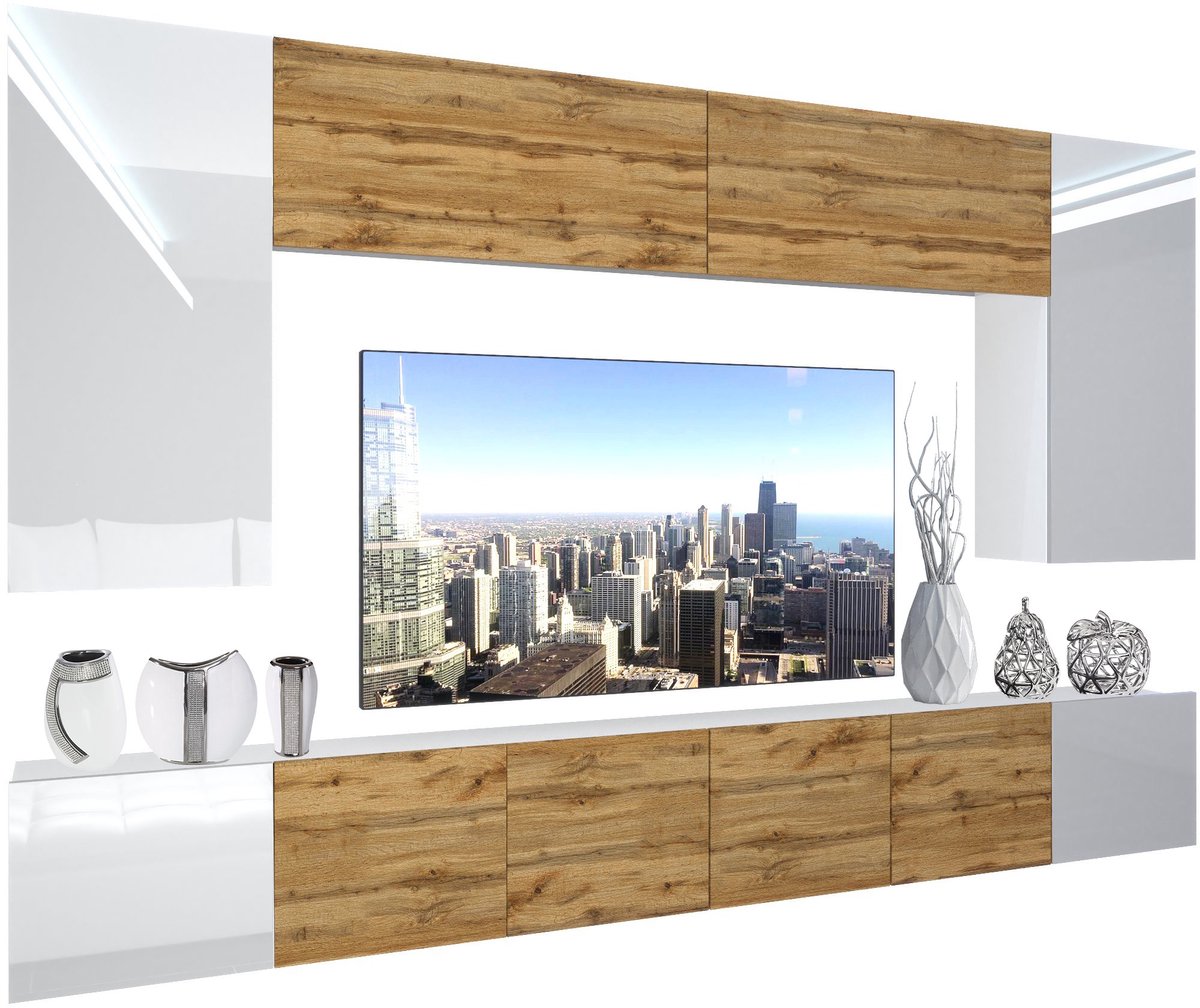BELINI Wandmeubel NEX 2 - TV-Wandkast Set met LED-Verlichting Wit / Wotan Eiken - Hoogglans Fronten