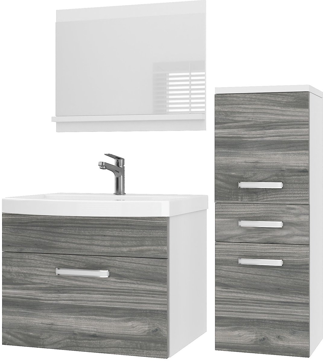 BELINI Badkamermeubel Set PRI M2 - Badmeubelset 90 cm Glamour Hout Mat met Wastafel en Spiegel - Wandmontage