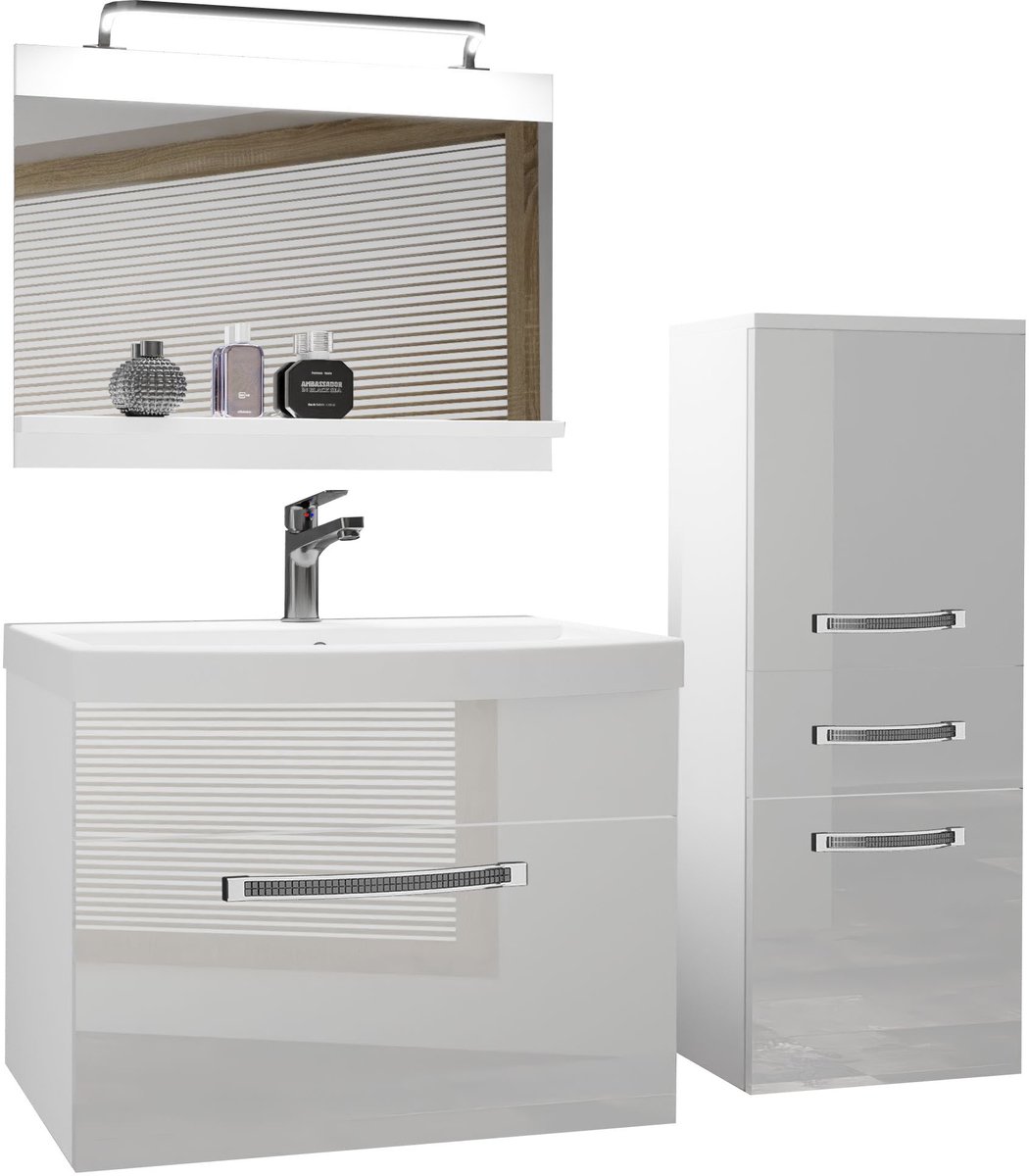 BELINI Badkamermeubel Set GLA P 2 - Badmeubelset 100 cm Wit Hoogglans met Wastafel, Spiegel en LED Lamp - Wandmontage
