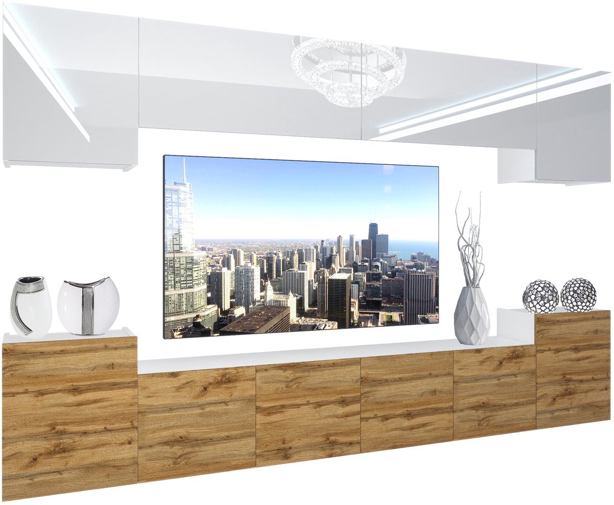 BELINI Wandmeubel NEX 4 - TV-Wandkast Set met LED-Verlichting Wit / Wotan Eiken - Hoogglans Fronten