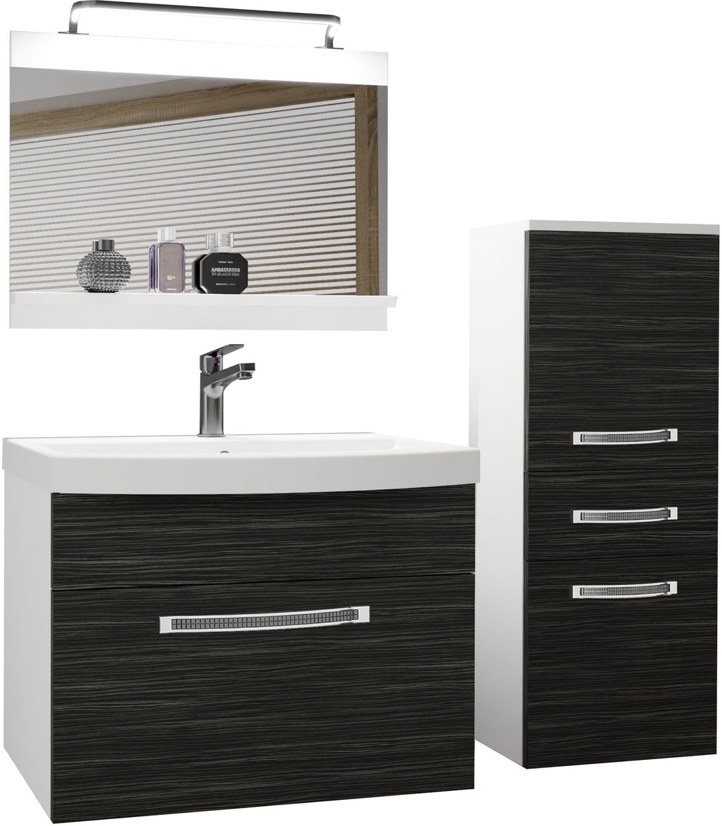 BELINI Badkamermeubel Set GLA M 2 - Badmeubelset 100 cm Koninklijk Ebbenhout Mat met Wastafel, Spiegel en LED Lamp - Wandmontage