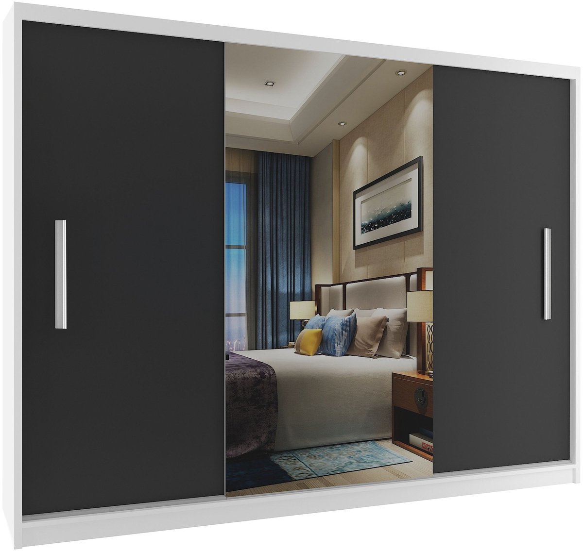 BELINI Verona ME Schuifdeurkast 232 cm Wit/Zwart Mat - Kledingkast met Spiegel - Comfort Line Slaapkamerkast