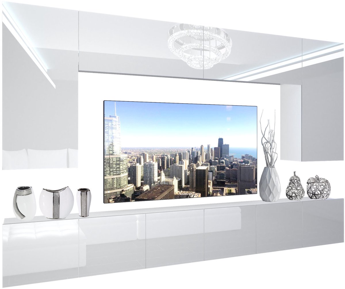 BELINI Wandmeubel NEX 2 - TV-Wandkast Set met LED-Verlichting Wit - Hoogglans Fronten