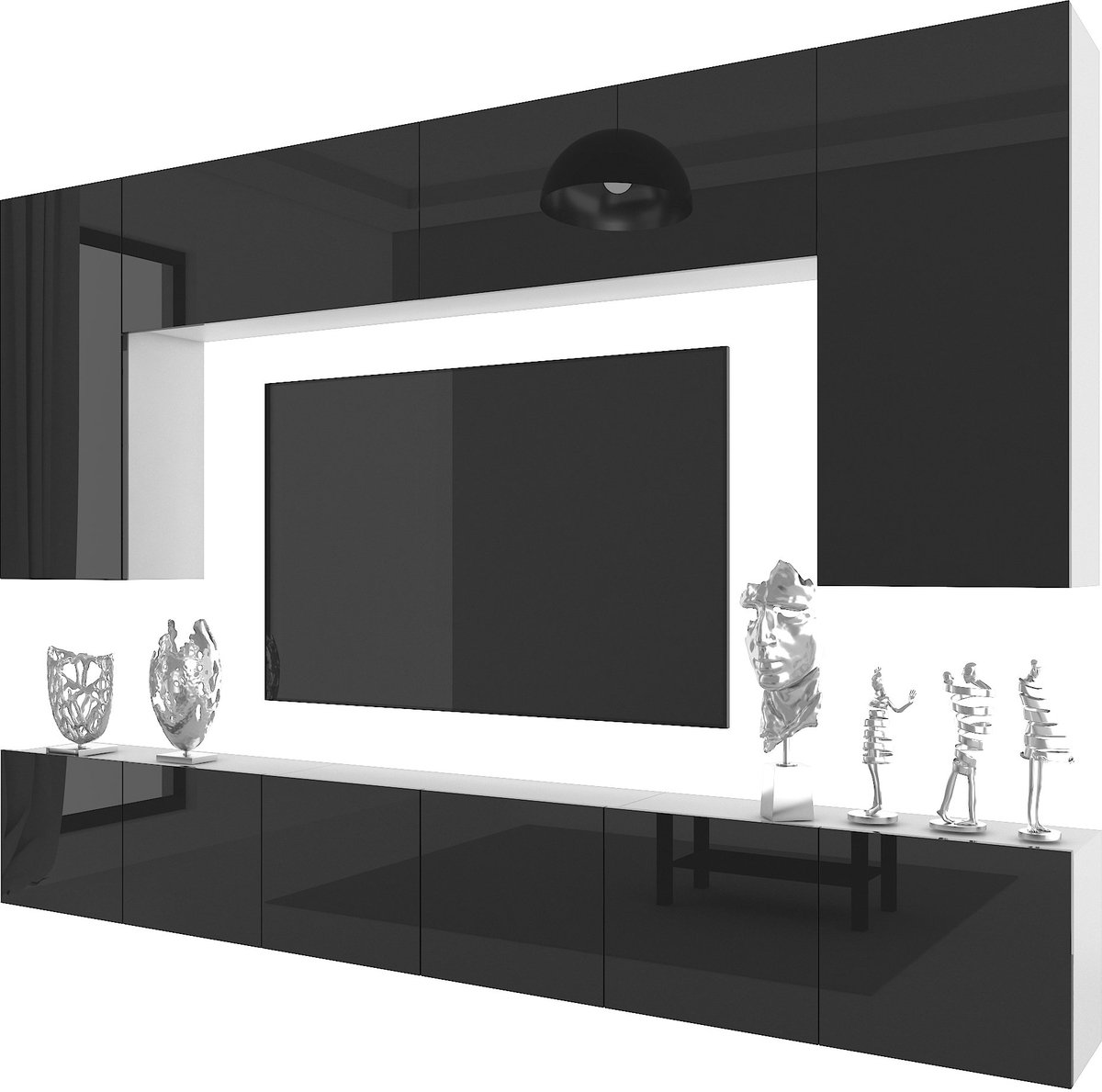 BELINI Wandmeubel Milano 2 300 cm Zwart Hoogglans - TV-Wand Greeploos - Moderne Woonwand met Gasliftsysteem - Modulair TV-Meubel