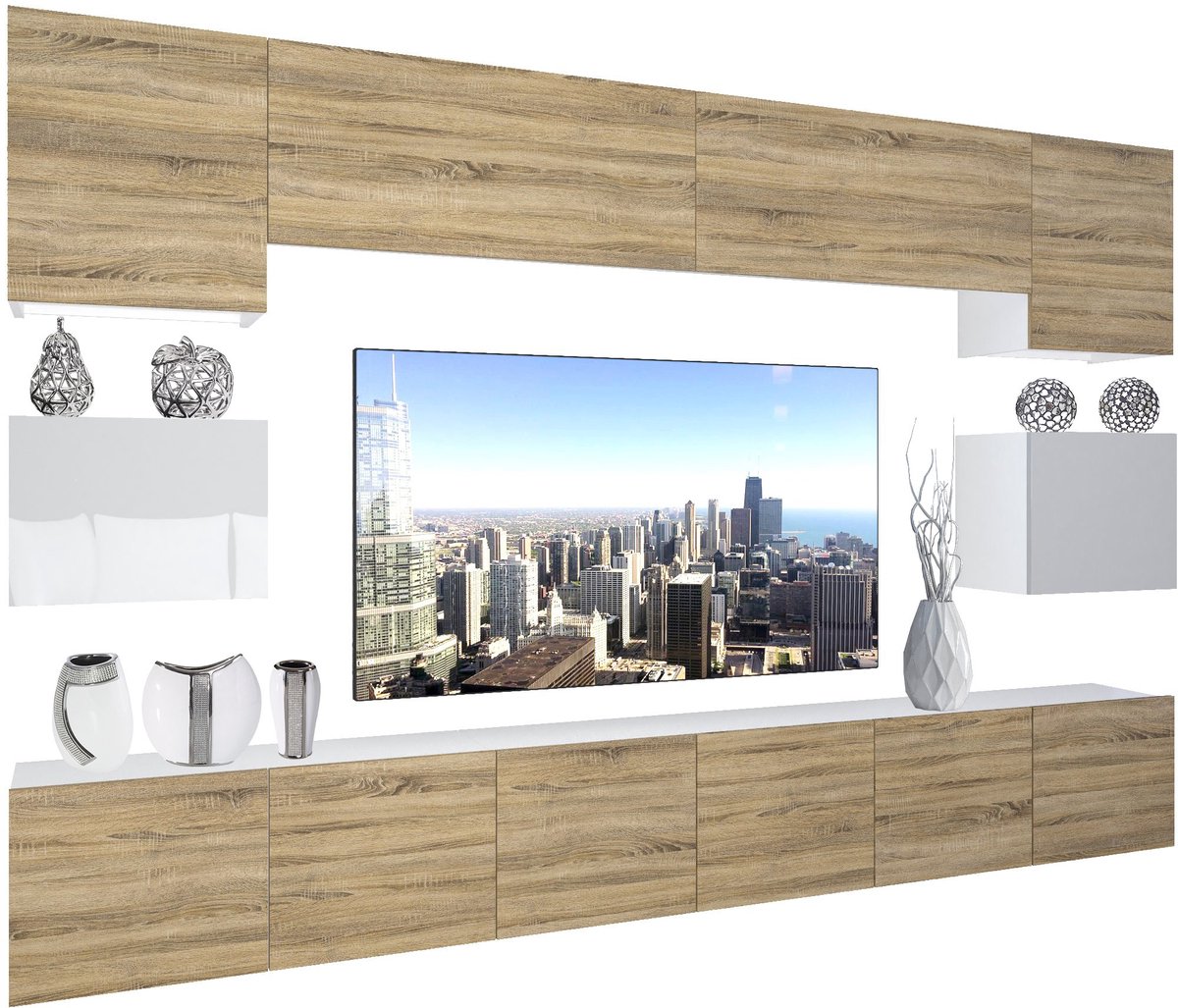 BELINI Wandmeubel NEX 3 - TV-Wandkast Set met LED-Verlichting Sonoma Eiken / Wit - Hoogglans Fronten