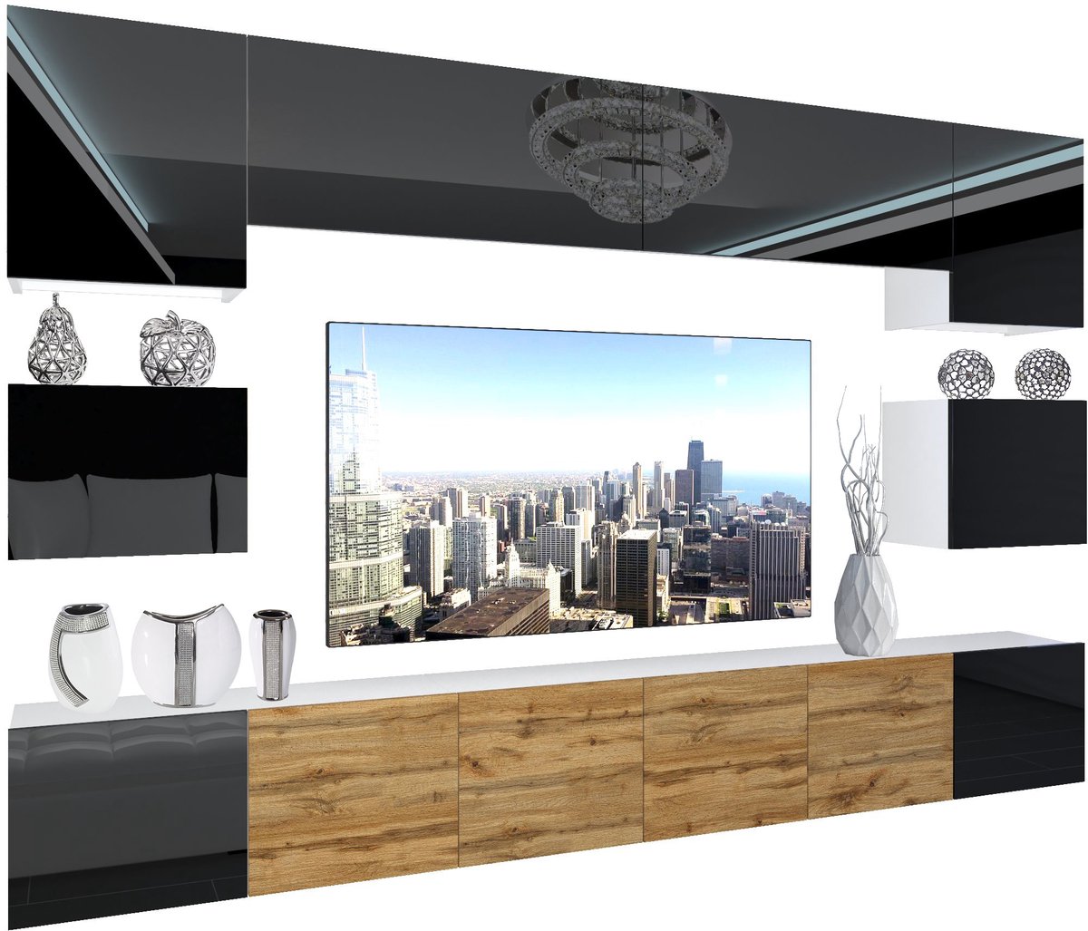 BELINI Wandmeubel NEX 3 - TV-Wandkast Set met LED-Verlichting Zwart / Wotan Eiken - Hooggl