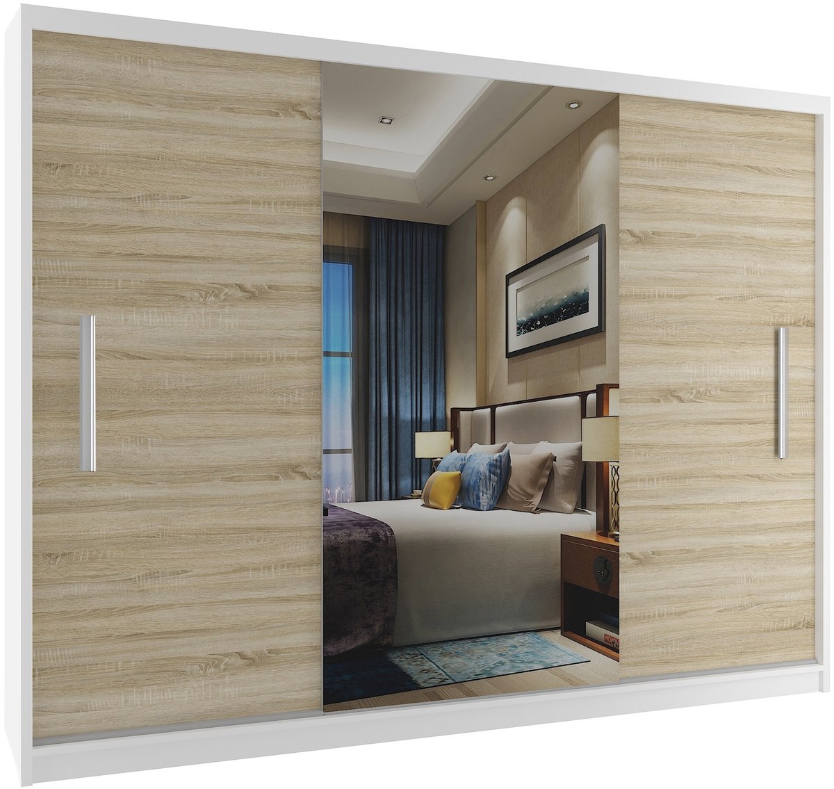 BELINI Verona ME Schuifdeurkast 232 cm Wit/Sonoma Eiken Mat - Kledingkast met Spiegel - Comfort Line Slaapkamerkast