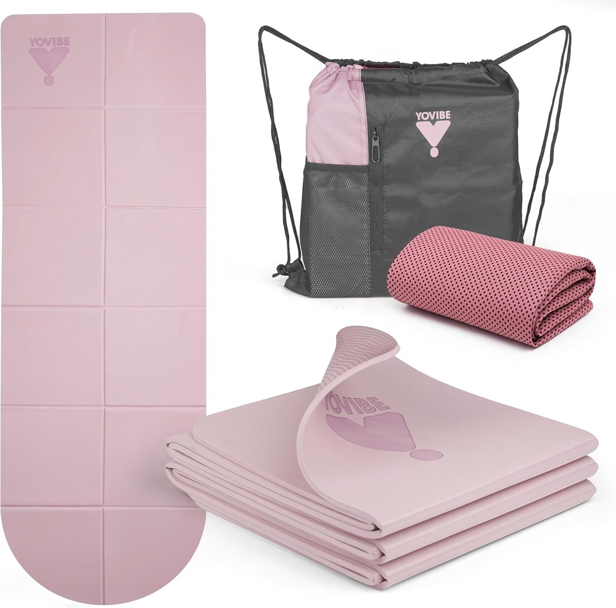 SnelShoppen - YoVibe Yogamat 183 x 60 x 0,6 cm - Antislip Fitnessmat - Extra Dikke TPE Pilatesmat met Tas en Handdoek - Ideaal voor Yoga en Thuis Work