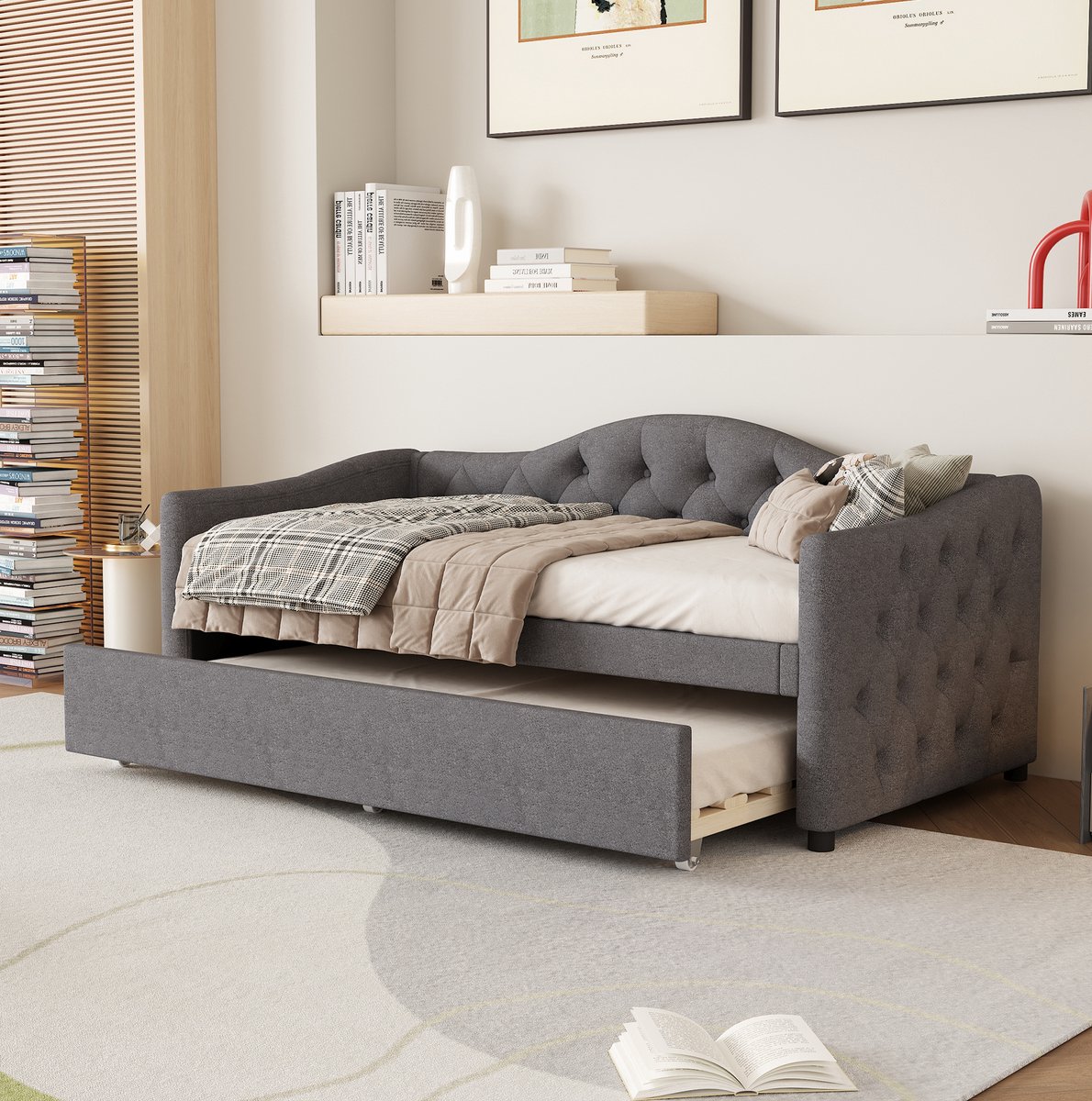 DESMIU Dagbed 90x200 Cm - Slaapbank Met Uitrolbed - Extra Slaapplaats Voor Woonkamer En Slaapkamer - Linnen En Mdf - Grijs - Zonder Matras